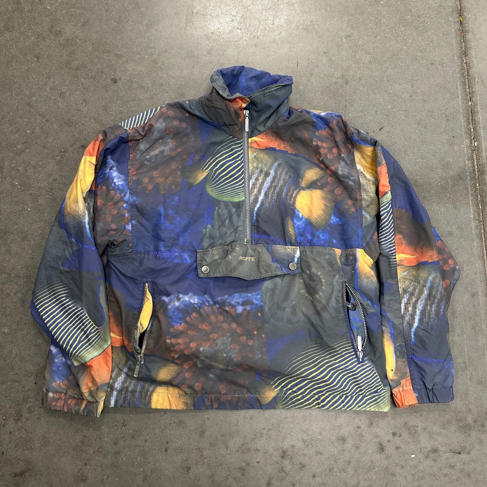 Vtg 90s Roffe Ultrex Fish Print Anorak Jacket Mens L Blue Pullover Made in USA